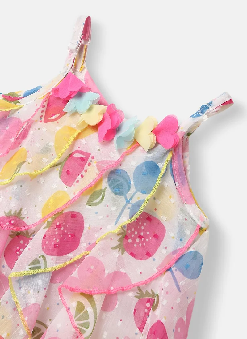 Nautinati  Girls' Chiffon Ruffle All-over Strawberry, Mango, Blueberry & Floral Print A-line Dress with Swiss Dot Pattern for Women | Best Price UAE